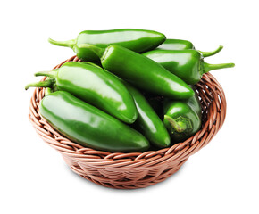Green jalapeno peppers in basket isolated on white