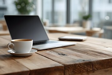 asset wide view of a modern wooden desk with laptop notebook and coffee cup inspires calm focus