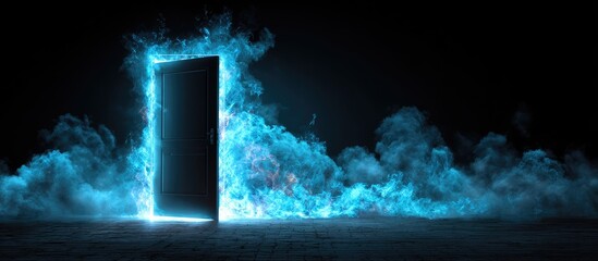 A dark scene with a glowing blue doorway framed by fiery smoke