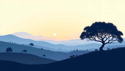 Serene Mountain Landscape with Lone Tree at Sunset