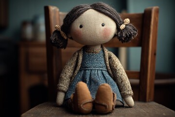 Fabric rag doll wearing pigtails and a blue dress sitting on a wooden chair