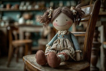 Cloth rag doll with pigtails and a smiling face sitting on a wooden chair
