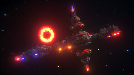 A futuristic space station with glowing red lights orbits near a bright ring-shaped celestial body in deep space.
