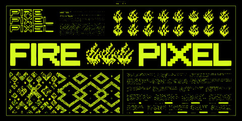 Retro pixel art fire and geometric patterns with glitchy text elements in neon yellow