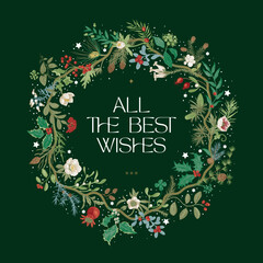 Vintage wavy circle wreath. All the best wishes. Winter flora. Merry Christmas and Happy New Year. Greeting floral card. Green