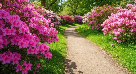 A paved path winds through a vibrant azalea garden, bursting with pink blooms. Lush greenery surrounds the path, bathed in sunlight