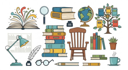 Illustration of a study room setup featuring books globe lamp chair and various study related items