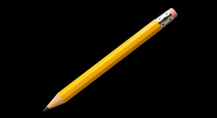 A single yellow wooden pencil with a pink eraser on a dark black background, ready for writing or drawing.