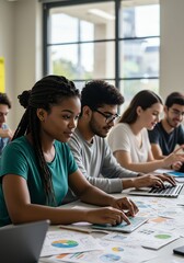 Group of Diverse Young Adults Working on Laptops and Documents in Modern Classroom