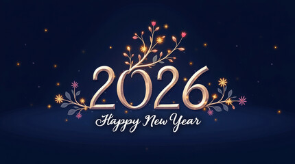 Elegant 2026 New Year Greeting: Rose Gold Numerals, Floral Design, Sparkling Lights, Festive Mood.