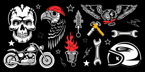 Collection of biker style icons featuring a skull motorcycle eagle helmet and tools on black background