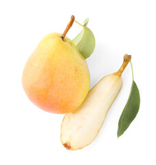 Whole and cut pears with green leaves isolated on white, top view