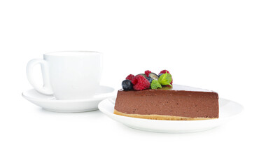 Piece of yummy chocolate cheesecake and coffee isolated on white