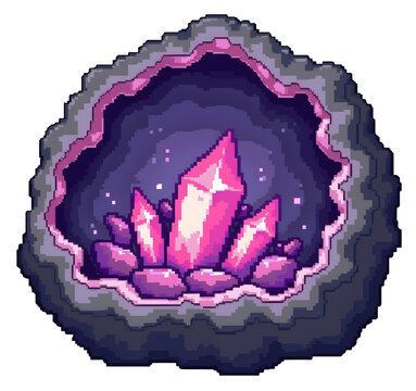 Vibrant geode features sparkling pink crystals emitting soft, magical glow