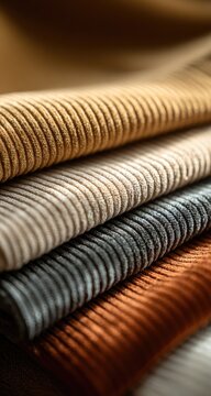 Stack of corduroy fabrics in various warm tones