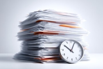 High stack of papers next to a clock