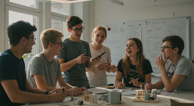 Group of Young Students Collaborating in Modern Classroom with Whiteboards and Technology