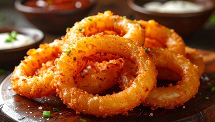 Crispy onion rings on a wooden board