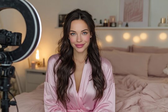 Young woman creating online content from her bedroom, smiling at camera next to a ring light