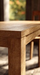 Close-up of a light brown wooden dining table edge and leg