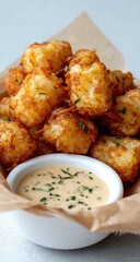 Crispy potato tots in a bowl with dipping sauce
