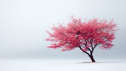Pink tree in a light, misty landscape
