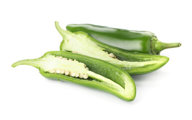 Whole and cut green jalapeno peppers isolated on white