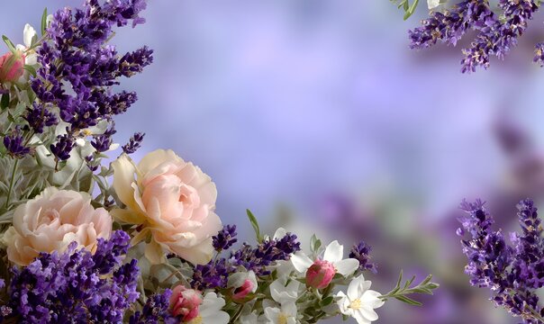 Lavender, rose, jasmine, and apple with Gaussian blur and artistic blur, leaving a large blank space in the center.