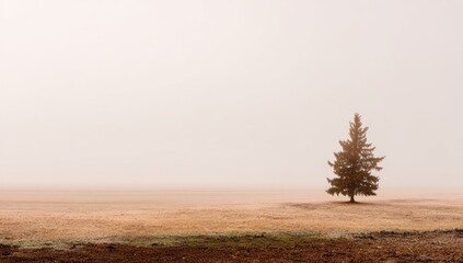Solitary pine in a vast, foggy field