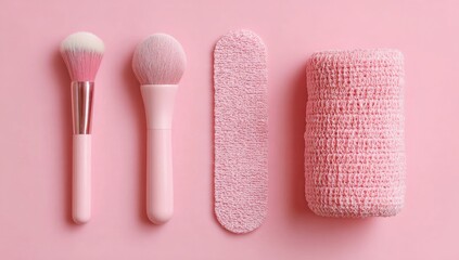 Pink makeup brushes, a bandage, and a washcloth arranged on a pink background