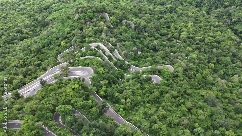 Aufkleber mesmerizing view of a travel route designed with many sharp curves, suggesting an adventurous climb.