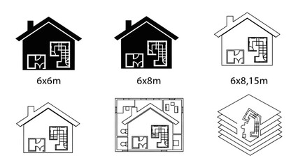 2D Floor Plan Vector Icons with Furniture – Black and White House, Apartment, Villa Layouts AI EPS PNG JPEG
