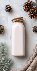 Pastel pink milk bottle on marble, surrounded by pine cones and a knit blanket