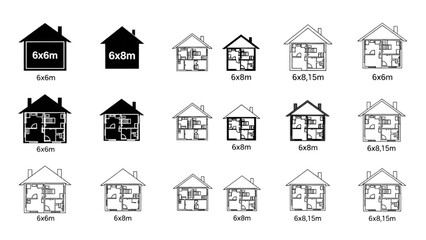 Fototapeta premium 2D Floor Plan Vector Icons with Furniture – Black and White House, Apartment, Villa Layouts AI EPS PNG JPEG 