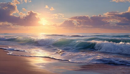 Sunrise over a tranquil beach.  Waves gently crash on the shore