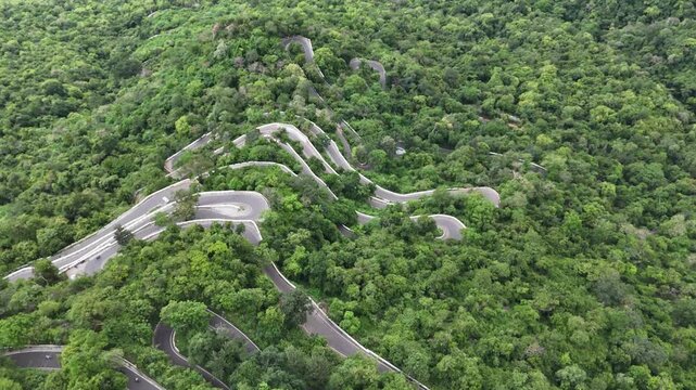 Mesmerizing view of a travel route designed with many sharp curves, suggesting an adventurous climb. The winding road is entirely surrounded by vibrant tropical forests. Kolli Hills, Tamil Nadu.