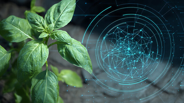 Green plant with digital network overlay symbolizing technology and nature integration