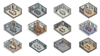 2D Floor Plan Vector Icons with Furniture &ndash; Black and White House, Apartment, Villa Layouts AI EPS PNG JPEG
