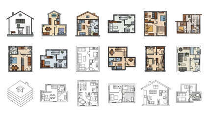 2D Floor Plan Vector Icons with Furniture – Black and White House, Apartment, Villa Layouts AI EPS PNG JPEG
