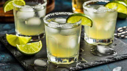 Fototapeta premium Refreshing margarita cocktails with lime and salt rim