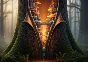 Obraz premium A surreal forest scene where a giant tree trunk opens like a zipper to reveal a magical world filled with glowing mushrooms and a small bridge