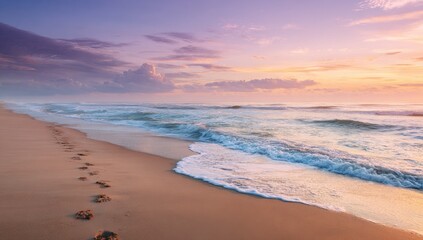 Sunrise beach scene with footprints in the sand