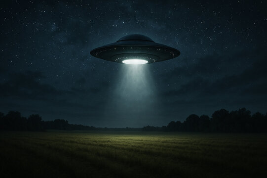 ufo in the night. UFO hovering over rural field at night.