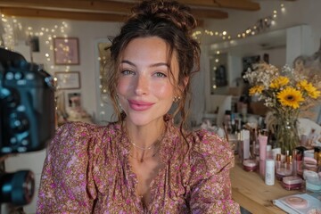 Young woman smiling at camera creating a beauty content for online audience
