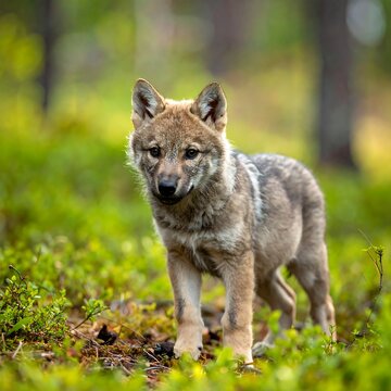 Cute wolf pup in forest