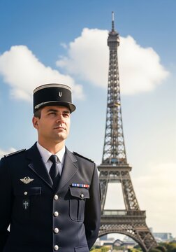 A solemn Gendarme (French police officer) stands at attention in uniform on the plaza, with the Eiffel Tower prominent in the background.