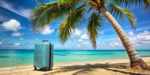 A turquoise suitcase stands on the sandy beach near crystal clear water and lush palm trees, capturing a serene and inviting tropical atmosphere perfect for a vacation