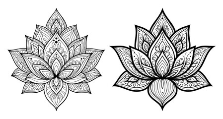 Vector art of two lotus flowers with intricate details, ideal for tattoo designs and coloring pages