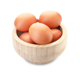Raw chicken eggs in bowl isolated on white