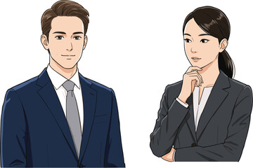 Two professional businesspeople, man and woman, formal suits, confident expressions, corporate style, business